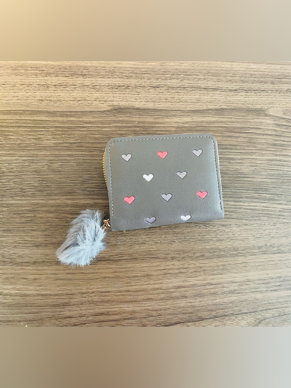 Gray Heart-Pattern Zip Card Wallet with Faux Fur Pom